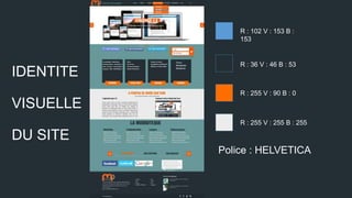 R : 102 V : 153 B :
153

IDENTITE

R : 36 V : 46 B : 53

R : 255 V : 90 B : 0

VISUELLE
R : 255 V : 255 B : 255

DU SITE
Police : HELVETICA

 