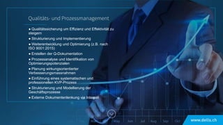 ● Qualitätssicherung um Effizienz und Effektivität zu
steigern
● Strukturierung und Implementierung
● Weiterentwicklung und Optimierung (z.B. nach
ISO 9001:2015)
● Erstellen der Q-Dokumentation
● Prozessanalyse und Identifikation von
Optimierungspotenzialen
● Planung wirkungsorientierter
Verbesserungsmassnahmen
● Einführung eines systematischen und
professionellen KVP-Prozess
● Strukturierung und Modellierung der
Geschäftsprozesse
● Externe Dokumentenlenkung via Internet
 