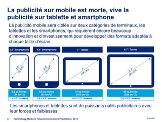 La publicité sur mobile est morte, vive la
publicité sur tablette et smartphone
 La publicité mobile sera ciblée sur deux catégories de terminaux, les
 tablettes et les smartphones, qui requièrent encore beaucoup
 d’innovation et d’investissement pour développer des formats adaptés à
 chaque taille d’écran.
     3.5” Smartphone        4.8” Smartphone                    7” Tablet           9.7” Tablet




      5.2 sq Inches           9.8 sq Inches                  21 sq Inches         40 sq Inches
        (34 cm^2)               (63 cm^2)                     (135 cm^2)           (259 cm^2)
     1 x 3.5” screens       1.9 x 3.5” screens             4.0 x 3.5” screens   7.0 x 3.5” screens


     Les smartphones et tablettes sont de puissants outils publicitaires avec
     leur forces et faiblesses.
33      Technology, Media & Telecommunications Predictions, 2013                                     © Deloitte.
 