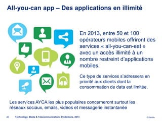 All-you-can app – Des applications en illimité



                                                                  En 2013, entre 50 et 100
                                                                  opérateurs mobiles offriront des
                                                                  services « all-you-can-eat »
                                                                  avec un accès illimité à un
                                                                  nombre restreint d’applications
                                                                  mobiles.
                                                                  Ce type de services s’adressera en
                                                                  priorité aux clients dont la
                                                                  consommation de data est limitée.


     Les services AYCA les plus populaires concerneront surtout les
     réseaux sociaux, emails, vidéos et messagerie instantanée
46     Technology, Media & Telecommunications Predictions, 2013                                   © Deloitte.
 