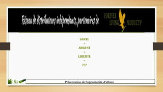 Présentation de l’opportunité d’affaire
SANTE
+
ARGENT
+
LIBERTE
=
???
 