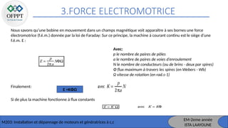 3.FORCE ELECTROMOTRICE
M203: Installation et dépannage de moteurs et génératrices à c,c
Nous savons qu’une bobine en mouvement dans un champs magnétique voit apparaître à ses bornes une force
électromotrice (f.é.m.) donnée par la loi de Faraday: Sur ce principe, la machine à courant continu est le siège d’une
f.é.m. E :
Avec:
p le nombre de paires de pôles
a le nombre de paires de voies d’enroulement
N le nombre de conducteurs (ou de brins - deux par spires)
Φ flux maximum à travers les spires (en Webers - Wb)
Ω vitesse de rotation (en rad.s-1)
Finalement:
Si de plus la machine fonctionne à flux constants
E =KΦΩ
EM-2eme année
ISTA LAAYOUNE
 