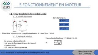 5.FONCTIONNEMENT EN MOTEUR
M203: Installation et dépannage de moteurs et génératrices à c,c
5.1. Moteur à excitation indépendante (séparée)
5.1.1. Modèle équivalent
Caracteristiques:
Il faut deux alimentations : une pour l’inducteur et l’autre pour l’induit
5.1.2. Vitesse de rotation
Le sens de rotation dépend :
- du sens du flux, donc du sens du courant
d’excitation Ie ;
- du sens du courant d’induit I.
Expression de la vitesse : E = KΦΩ = U − RI
⇒
TEMI-2eme année
ISTA LAAYOUNE
E =KΦΩ
Tem = KΦI
U= E+RI
 