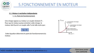 5.FONCTIONNEMENT EN MOTEUR
M203: Installation et dépannage de moteurs et génératrices à c,c
5.1. Moteur à excitation indépendante
5.1.6. Point de fonctionnement
TEMI-2eme année
ISTA LAAYOUNE
Une charge oppose au moteur un couple résistant Tr .
Pour que le moteur puisse entraîner cette charge, le
moteur doit fournir un couple utile Tu de telle sorte que :
Cette équation détermine le point de fonctionnement du
moteur.
Tu = Tr
 