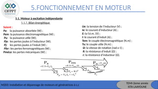 5.FONCTIONNEMENT EN MOTEUR
M203: Installation et dépannage de moteurs et génératrices à c,c
TEMI-2eme année
ISTA LAAYOUNE
5.1. Moteur à excitation indépendante
5.1.7. Bilan énergétique
Soient :
Pa: la puissance absorbée (W) ;
Pem: la puissance électromagnétique (W) ;
Pu: la puissance utile (W);
Pje: les pertes joules à l’inducteur (W);
Pj: les pertes joules à l’induit (W) ;
Pfer: les pertes ferromagnétiques (W) ;
Pméca: les pertes mécaniques (W) ;
Ue: la tension de l’inducteur (V) ;
Ie: le courant d’inducteur (A) ;
E: la f.é.m. (V) ;
I: le courant d’induit (A) ;
Tem: le couple électromagnétique (N.m) ;
Tu: le couple utile (N.m) ;
Ω: la vitesse de rotation (rad.s-1) ;
R: la résistance d’induit (Ω) ;
r: la résistance d’inducteur (Ω).
 