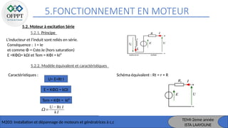 5.FONCTIONNEMENT EN MOTEUR
M203: Installation et dépannage de moteurs et génératrices à c,c
TEMI-2eme année
ISTA LAAYOUNE
5.2. Moteur à excitation Série
5.2.1. Principe
L’inducteur et l’induit sont reliés en série.
Conséquence : I = Ie
et comme Φ = Cste.Ie (hors saturation)
E =KΦΩ= kΩI et Tem = KΦI = kI²
5.2.2. Modèle équivalent et caractéristiques
Caractéristiques :
U= E+Rt I
E = KΦΩ = kΩI
Tem = KΦI = kI²
𝛺=
U −Rt I
k I
Schéma équivalent : Rt = r + R
 