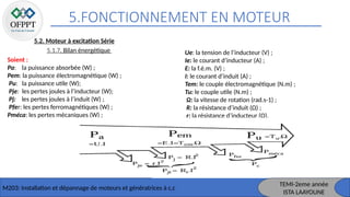 5.FONCTIONNEMENT EN MOTEUR
M203: Installation et dépannage de moteurs et génératrices à c,c
TEMI-2eme année
ISTA LAAYOUNE
5.2. Moteur à excitation Série
Soient :
Pa: la puissance absorbée (W) ;
Pem: la puissance électromagnétique (W) ;
Pu: la puissance utile (W);
Pje: les pertes joules à l’inducteur (W);
Pj: les pertes joules à l’induit (W) ;
Pfer: les pertes ferromagnétiques (W) ;
Pméca: les pertes mécaniques (W) ;
5.1.7. Bilan énergétique Ue: la tension de l’inducteur (V) ;
Ie: le courant d’inducteur (A) ;
E: la f.é.m. (V) ;
I: le courant d’induit (A) ;
Tem: le couple électromagnétique (N.m) ;
Tu: le couple utile (N.m) ;
Ω: la vitesse de rotation (rad.s-1) ;
R: la résistance d’induit (Ω) ;
r: la résistance d’inducteur (Ω).
 