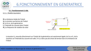 6.FONCTIONNEMENT EN GENERATRICE
M203: Installation et dépannage de moteurs et génératrices à c,c
TEMI-2eme année
ISTA LAAYOUNE
6.1. Fonctionnement à vide
6.1.1. Modèle équivalent
R La résistance totale de l'induit
Uₒ La tension aux bornes de l’induit
Eₒ La f.é.m. de la génératrice
Iₒ L’intensité du courant dans l’induit
Nₒ La fréquence de rotation du rotor
La tension Uₒ mesurée directement sur l’induit de la génératrice est exactement égale à la f.e.m Eₒ de la
machine car l’intensité du courant est nulle, il n’y a donc pas de chute de tension due à la résistance de
l’induit
 