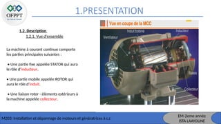 1.PRESENTATION
M203: Installation et dépannage de moteurs et génératrices à c,c
1.2. Description
1.2.1. Vue d'ensemble
La machine à courant continue comporte
les parties principales suivantes :
• Une partie fixe appelée STATOR qui aura
le rôle d'inducteur.
• Une partie mobile appelée ROTOR qui
aura le rôle d'induit.
• Une liaison rotor - éléments extérieurs à
la machine appelée collecteur.
EM-2eme année
ISTA LAAYOUNE
 