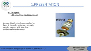 1.PRESENTATION
M203: Installation et dépannage de moteurs et génératrices à c,c
1.2. Description
1.2.3. L'induit ( ou circuit de puissance)
Le noyau d'induit est en fer pour canaliser les
lignes de champ, les conducteurs sont logés
dans des encoches sur le rotor, deux
conducteurs forment une spire.
EM-2eme année
ISTA LAAYOUNE
 