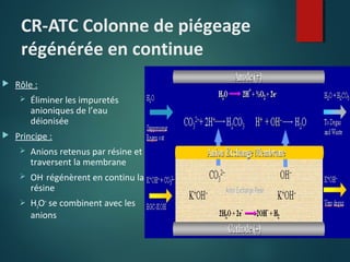 CR-ATC Colonne de piégeage
régénérée en continue


Rôle :




Éliminer les impuretés
anioniques de l’eau
déionisée

Principe :


Anions retenus par résine et
traversent la membrane



OH- régénèrent en continu la
résine



H3O+ se combinent avec les
anions

 
