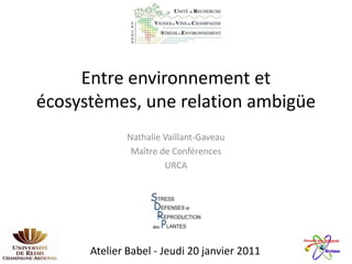 Entre environnement et
écosystèmes, une relation ambigüe
              Nathalie Vaillant-Gaveau
               Maître de Conférences
                       URCA




      Atelier Babel - Jeudi 20 janvier 2011
 
