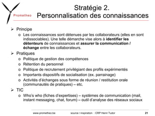Stratégie 2.  Personnalisation des connaissances Principe Les connaissances sont détenues par les collaborateurs (elles en sont indissociables). Une telle démarche vise alors à  identifier les détenteurs  de connaissances et  assurer la communication / échange  entre les collaborateurs. Pratiques Politique de gestion des compétences Rétention du personnel  Politique de recrutement privilégiant des profils expérimentés Importants dispositifs de socialisation (ex. parrainage)  Activités d’échanges sous forme de réunion / restitution orale (communautés de pratiques) – etc. TIC Who’s who (fiches d’expertises) – systèmes de communication (mail, instant messaging, chat, forum) – outil d’analyse des réseaux sociaux source / inspiration  : CRP Henri Tudor  