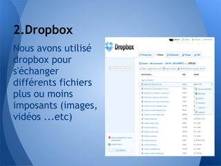 2.Dropbox
Nous avons utilisé
dropbox pour
s'échanger
différents fichiers
plus ou moins
imposants (images,
vidéos ...etc)
 