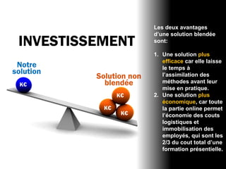 Les deux avantages
                 d’une solution blendée
INVESTISSEMENT   sont:

                 1. Une solution plus
                    efficace car elle laisse
                    le temps à
                    l’assimilation des
                    méthodes avant leur
                    mise en pratique.
                 2. Une solution plus
                    économique, car toute
                    la partie online permet
                    l’économie des couts
                    logistiques et
                    immobilisation des
                    employés, qui sont les
                    2/3 du cout total d’une
                    formation présentielle.
 