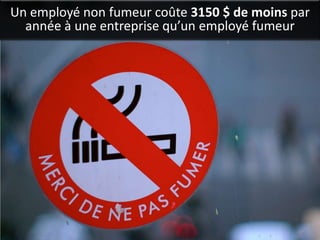 Un employé non fumeur coûte 3150 $ de moins par
  année à une entreprise qu’un employé fumeur
 