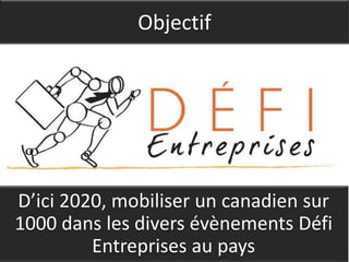 Objectif




D’ici 2020, mobiliser un canadien sur
1000 dans les divers évènements Défi
         Entreprises au pays
 