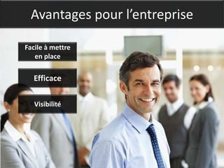 Avantages pour l’entreprise

Facile à mettre
   en place

  Efficace

   Visibilité
 