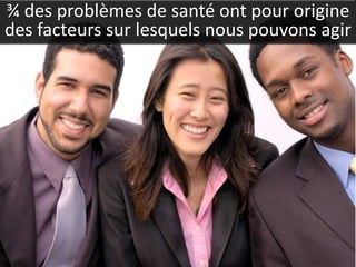 ¾ des problèmes de santé ont pour origine
des facteurs sur lesquels nous pouvons agir
 