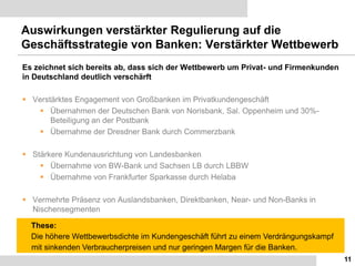 11,[object Object],Auswirkungen verstärkter Regulierung auf die Geschäftsstrategie von Banken: Verstärkter Wettbewerb   ,[object Object],Es zeichnet sich bereits ab, dass sich der Wettbewerb um Privat- und Firmenkunden in Deutschland deutlich verschärft ,[object Object],[object Object]