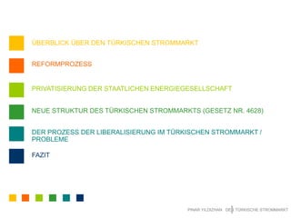 ÜBERBLICK ÜBER DEN TÜRKISCHEN STROMMARKTREFORMPROZESSPRIVATISIERUNG DER STAATLICHEN ENERGIEGESELLSCHAFT NEUE STRUKTUR DES TÜRKISCHEN STROMMARKTS (GESETZ NR. 4628)‏DER PROZESS DER LIBERALISIERUNG IM TÜRKISCHEN STROMMARKT / PROBLEMEFAZITPINAR YILDIZHAN   DER TÜRKISCHE STROMMARKT