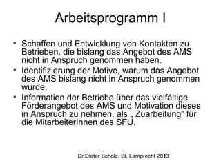 Arbeitsprogramm I
• Schaffen und Entwicklung von Kontakten zu
Betrieben, die bislang das Angebot des AMS
nicht in Anspruch genommen haben.
• Identifizierung der Motive, warum das Angebot
des AMS bislang nicht in Anspruch genommen
wurde.
• Information der Betriebe über das vielfältige
Förderangebot des AMS und Motivation dieses
in Anspruch zu nehmen, als „ Zuarbeitung“ für
die MitarbeiterInnen des SFU.

Dr.Dieter Scholz, St. Lamprecht 2013
15

 