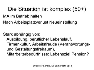 Die Situation ist komplex (50+)
MA im Betrieb halten
Nach Arbeitsplatzverlust Neueinstellung
Stark abhängig von:
Ausbildung, beruflicher Lebenslauf,
Firmenkultur, Arbeitsfreude (Verantwortungsund Gestaltungsfreiraum),
Mitarbeiterbedürfnisse: Lebensziel Pension?
Dr.Dieter Scholz, St. Lamprecht 2013
6

 