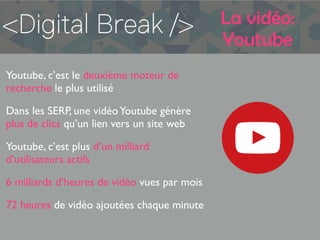 La vidéo:
Youtube
Youtube, c’est le deuxième moteur de
recherche le plus utilisé
Dans les SERP, une vidéoYoutube génère
plus de clics qu’un lien vers un site web
Youtube, c’est plus d’un milliard
d’utilisateurs actifs
6 milliards d’heures de vidéo vues par mois
72 heures de vidéo ajoutées chaque minute
 
