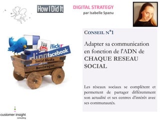 CONSEIL N°1
Adapter sa communication
en fonction de l'ADN de
CHAQUE RESEAU
SOCIAL
Les réseaux sociaux se complètent et
permettent de partager différemment
son actualité et ses centres d’intérêt avec
ses communautés.
DIGITAL STRATEGY
par Isabelle Spanu
 