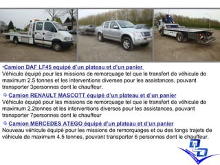 Camion DAF LF45 equipé d’un plateau et d’un panier   Véhicule équipé pour les missions de remorquage tel que le transfert de véhicule de maximum 2.5 tonnes et les interventions diverses pour les assistances, pouvant transporter 3personnes dont le chauffeur. Camion RENAULT MASCOTT équipé d’un plateau et d’un panier Véhicule équipé pour les missions de remorquage tel que le transfert de véhicule de maximum 2.2tonnes et les interventions diverses pour les assistances, pouvant transporter 7personnes dont le chauffeur  Camion MERCEDES ATEGO équipé d’un plateau et d’un panier Nouveau véhicule équipé pour les missions de remorquages et ou des longs trajets de véhicule de maximum 4.5 tonnes, pouvant transporter 6 personnes dont le chauffeur. 