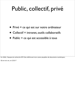 Public, collectif, privé

            • Privé = ce qui est sur notre ordinateur
            • Collectif = intranet, outils collaboratifs
            • Public = ce qui est accessible à tous


En 2006, l’équipe de recherche RTP-Doc déﬁnissait trois zones peuplées de documents numériques.

Où en est-on, en 2010 ?
 