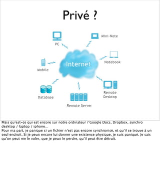 Privé ?




Mais qu’est-ce qui est encore sur notre ordinateur ? Google Docs, Dropbox, synchro
desktop / laptop / iphone…
Pour ma part, je panique si un ﬁchier n’est pas encore synchronisé, et qu’il se trouve à un
seul endroit. Si je peux encore lui donner une existence physique, je suis paniqué. Je sais
qu’on peut me le voler, que je peux le perdre, qu’il peut être détruit.
 