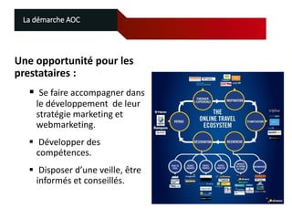 La démarche AOC

Une opportunité pour les
prestataires :
 Se faire accompagner dans
le développement de leur
stratégie marketing et
webmarketing.
 Développer des
compétences.
 Disposer d’une veille, être
informés et conseillés.

 