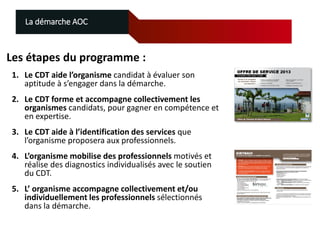 La démarche AOC

Les étapes du programme :
1. Le CDT aide l’organisme candidat à évaluer son
aptitude à s’engager dans la démarche.
2. Le CDT forme et accompagne collectivement les
organismes candidats, pour gagner en compétence et
en expertise.
3. Le CDT aide à l’identification des services que
l’organisme proposera aux professionnels.

4. L’organisme mobilise des professionnels motivés et
réalise des diagnostics individualisés avec le soutien
du CDT.
5. L’ organisme accompagne collectivement et/ou
individuellement les professionnels sélectionnés
dans la démarche.

 