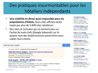 Des pratiques insurmontables pour les
hôteliers indépendants
• Une visibilité en direct quasi impossible pour les
propriétaires d’hôtels, leurs sites officiels étant
noyés par plus de 5.000 sites rabatteurs
• Des sites et centrales qui ne lésinent plus sur
l’achat de mots clefs (Google Adwords) sur le
propre nom des établissements partenaires pour
capter leurs clients

26/10/2013

Réservation en Direct / FairBooking

7

 
