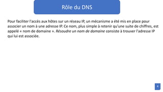 Rôle du DNS
Pour faciliter l'accès aux hôtes sur un réseau IP, un mécanisme a été mis en place pour
associer un nom à une adresse IP. Ce nom, plus simple à retenir qu'une suite de chiffres, est
appelé « nom de domaine ». Résoudre un nom de domaine consiste à trouver l'adresse IP
qui lui est associée.
4
 
