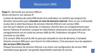 Résolution DNS
Etape 3 – Demande aux serveurs DNS en
dehors de fournir une adresse IP
La base de données de cache DNS locale d’un ordinateur ne contient pas toujours les
données nécessaires pour résoudre un nom de domaine internet. Dans ce cas, la demande
va plus loin à votre fournisseur de services Internet (FAI) et à son serveur DNS.
Une fois qu’il obtient une demande, le résolveur cherche dans ses enregistrements pour
fournir l’adresse IP correcte. Lorsque les informations nécessaires sont présentes dans les
enregistrements mis en cache du serveur DNS du FAI, l’ordinateur récupère l’IP et se
connecte au site Web.
Si le serveur DNS récursif du FAI ne peut pas résoudre le nom de domaine, il contacte
d’autres serveurs DNS pour vous fournir les informations. C’est pourquoi nous les appelons
des serveurs DNS récursifs.
Chaque fournisseur de services Internet a au moins une configuration de serveur DNS
secondaire pour garantir une grande disponibilité maximale du service. 9
 