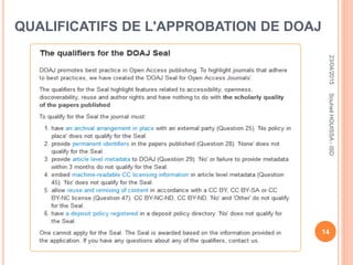 QUALIFICATIFS DE L'APPROBATION DE DOAJ
23/04/2015
14
SouheilHOUISSA-ISD
 