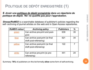 POLITIQUE DE DÉPÔT ENREGISTRÉE (1)
6 -Avoir une politique de dépôt enregistrée dans un répertoire de
politique de dépôt. 'No' ne qualifie pas pour l'approbation.
Sherpa/RoMEO is a searchable database of publisher's policies regarding the
self- archiving of journal articles on the web and in Open Access repositories.
Summary: 76% of publishers on this list formally allow some form of self-archiving.
RoMEO colour Archiving policy Publishers %
green Can archive pre-print and post-
print
639 35
blue Can archive post-print (ie final
draft post-refereeing)
621 34
yellow Can archive post-print (ie final
draft post-refereeing)
122 7
white Can archive pre-print (ie pre-
refereeing)
441 24
23/04/2015
24
SouheilHOUISSA-ISD
 