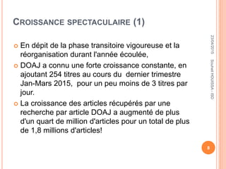 CROISSANCE SPECTACULAIRE (1)
 En dépit de la phase transitoire vigoureuse et la
réorganisation durant l'année écoulée,
 DOAJ a connu une forte croissance constante, en
ajoutant 254 titres au cours du dernier trimestre
Jan-Mars 2015, pour un peu moins de 3 titres par
jour.
 La croissance des articles récupérés par une
recherche par article DOAJ a augmenté de plus
d'un quart de million d'articles pour un total de plus
de 1,8 millions d'articles!
23/04/2015
8
SouheilHOUISSA-ISD
 