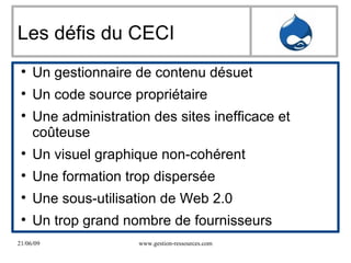 Les défis du CECI Un gestionnaire de contenu désuet Un code source propriétaire Une administration des sites inefficace et coûteuse Un visuel graphique non-cohérent Une formation trop dispersée Une sous-utilisation de Web 2.0 Un trop grand nombre de fournisseurs 