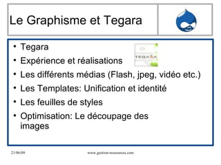 Le Graphisme et Tegara Tegara Expérience et réalisations Les différents médias (Flash, jpeg, vidéo etc.) Les Templates: Unification et identité Les feuilles de styles Optimisation: Le découpage des  images 
