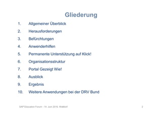 2SAP Education Forum - 14. Juni 2016, Walldorf
Gliederung
1. Allgemeiner Überblick
2. Herausforderungen
3. Befürchtungen
4. Anwenderhilfen
5. Permanente Unterstützung auf Klick!
6. Organisationsstruktur
7. Portal Gezeigt Wie!
8. Ausblick
9. Ergebnis
10. Weitere Anwendungen bei der DRV Bund
 