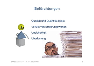 5SAP Education Forum - 14. Juni 2016, Walldorf
Befürchtungen
Qualität und Quantität leidet
Verlust von Erfahrungswerten
Unsicherheit
Überlastung
 