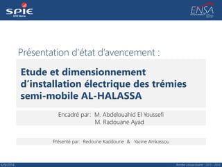 Présentation d’état d’avencement :
Encadré par: M. Abdelouahid El Youssefi
M. Radouane Ayad
Etude et dimensionnement
d’installation électrique des trémies
semi-mobile AL-HALASSA
Présenté par: Redoune Kaddourie & Yacine Amkassou
Année universitaire : 2013 - 20146/9/2014
 