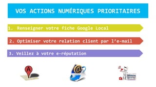 1. Renseigner votre fiche Google Local
VOS ACTIONS NUMÉRIQUES PRIORITAIRES
2. Optimiser votre relation client par l’e-mail
3. Veillez à votre e-réputation
 