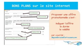 Proposer une offre
promotionnelle c’est :
indiquer l’offre
la durée
la validité
par courriel :
dispos@rochefort-ocean.com
BONS PLANS sur le site internet
 