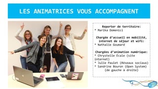 LES ANIMATRICES VOUS ACCOMPAGNENT
Reporter de territoire:
* Marika Domenici
Chargée d’accueil en mobilité,
internet de séjour et wifi:
* Nathalie Goumard
Chargées d’animation numérique:
* Chrystelle Écale (site
internet)
* Julie Paulet (Réseaux sociaux)
* Sandrine Bouron (Open System)
(de gauche à droite)
 