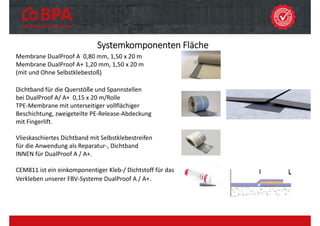 Systemkomponenten Fläche
Membrane DualProof A 0,80 mm, 1,50 x 20 m
Membrane DualProof A+ 1,20 mm, 1,50 x 20 m
(mit und Ohne Selbstklebestoß)
Dichtband für die Querstöße und Spannstellen
bei DualProof A/ A+ 0,15 x 20 m/Rolle
TPE‐Membrane mit unterseitiger vollflächiger
Beschichtung, zweigeteilte PE‐Release‐Abdeckung
mit Fingerlift.
Vlieskaschiertes Dichtband mit Selbstklebestreifen
für die Anwendung als Reparatur‐, Dichtband
INNEN für DualProof A / A+.
CEM811 ist ein einkomponentiger Kleb‐/ Dichtstoff für das
Verkleben unserer FBV‐Systeme DualProof A / A+.
 