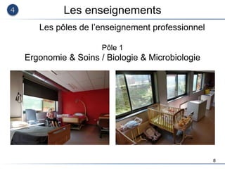 8
Les enseignements
Les pôles de l’enseignement professionnel
Pôle 1
Ergonomie & Soins / Biologie & Microbiologie
 